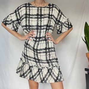 Tibi silk short sleeve plaid drop waist midi dress